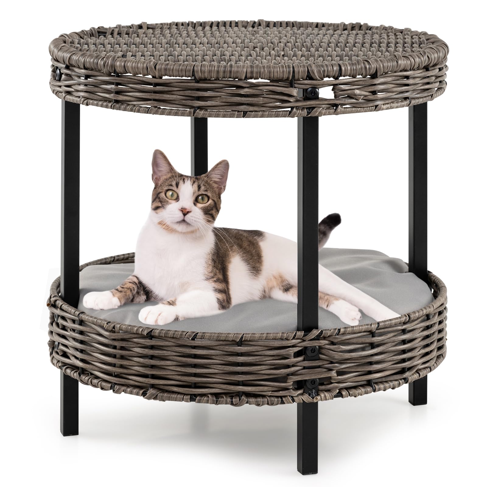 Tangkula 2 Tier Rattan Cat Nest with Removable Padded Cushion